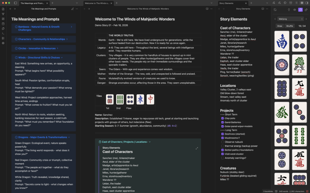 A screenshot showing the Obsidian app running a game of The Winds of Mahjestic Wonders TTRPG.